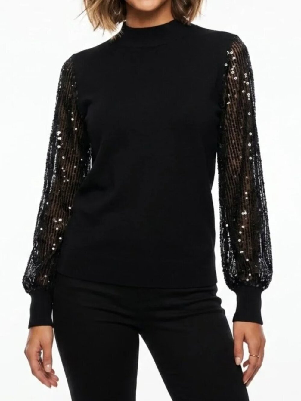 CeCe Sheer-Sequin-Sleeve Mock-Neck Cotton Sweater Rich Black - Size XS (NWOT) - Picture 4 of 10